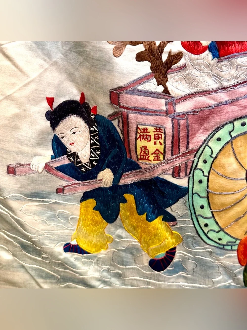 Vintage Chinese Silk Embroidery Caishen God of Wealth Wall Hanging 28x58